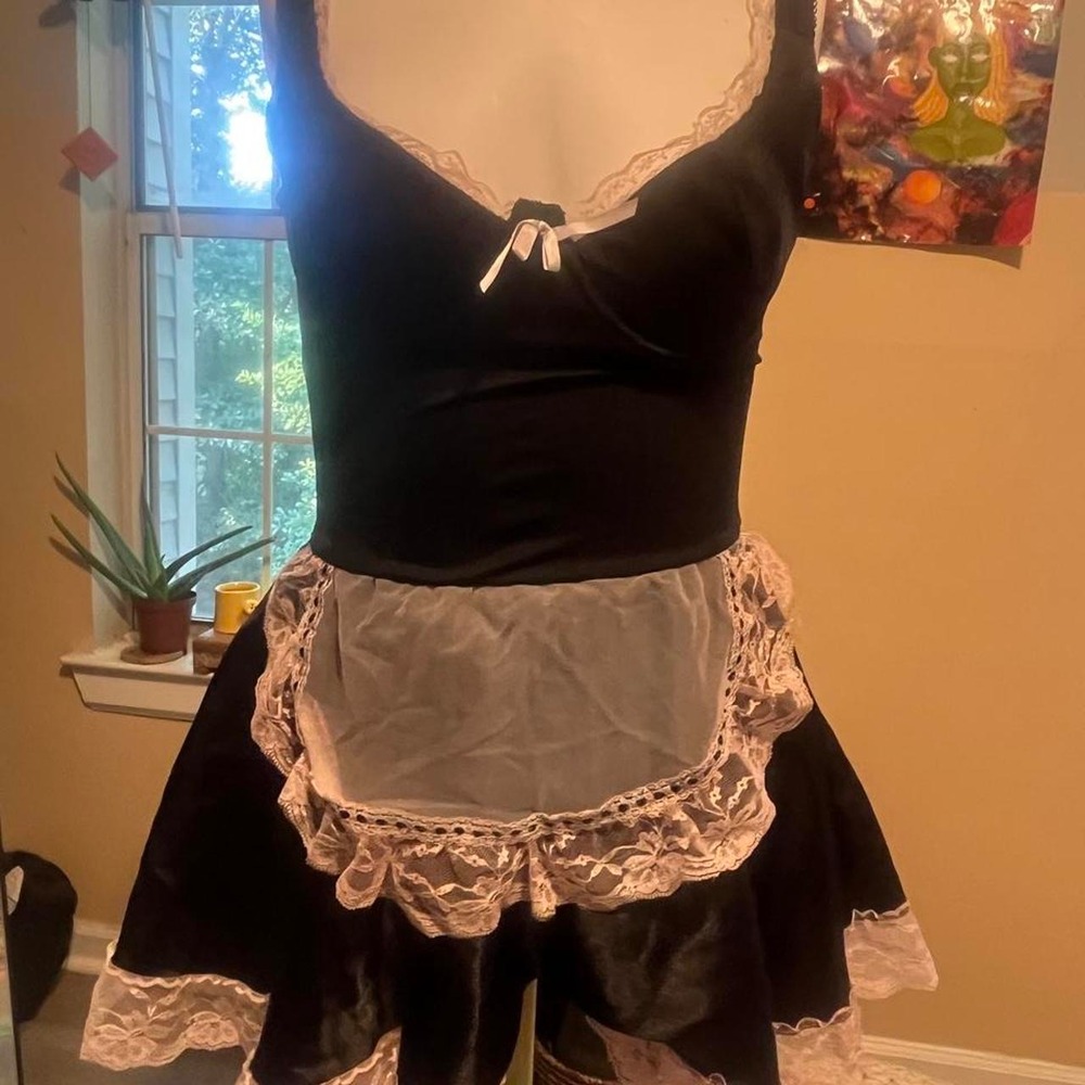 Black velvet maid lingerie costume dress with white lace trim